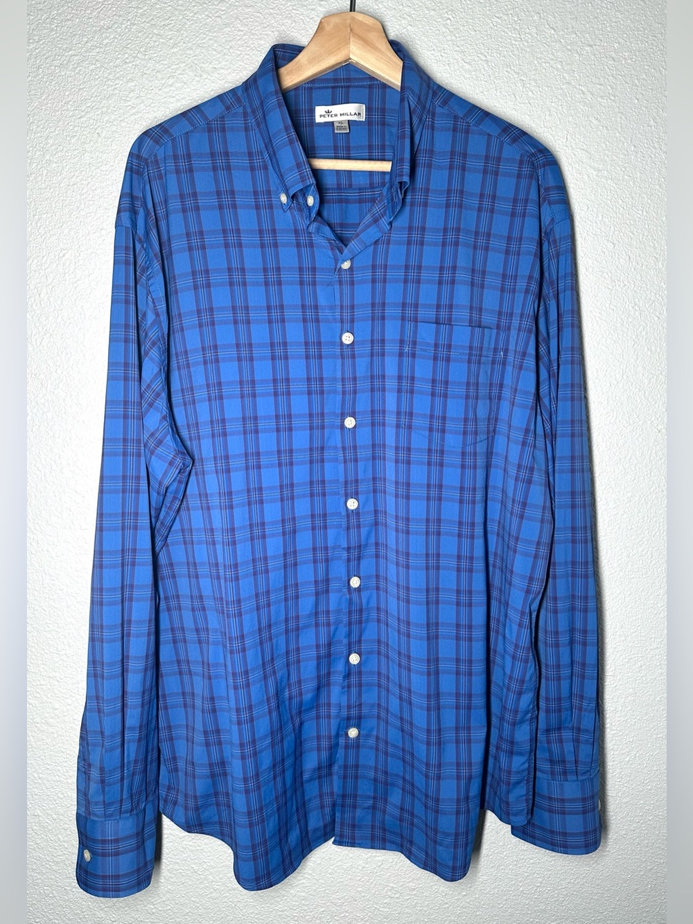Peter Millar Shirt Men’s Blue Purple Plaid Stretch Button Up Size XL